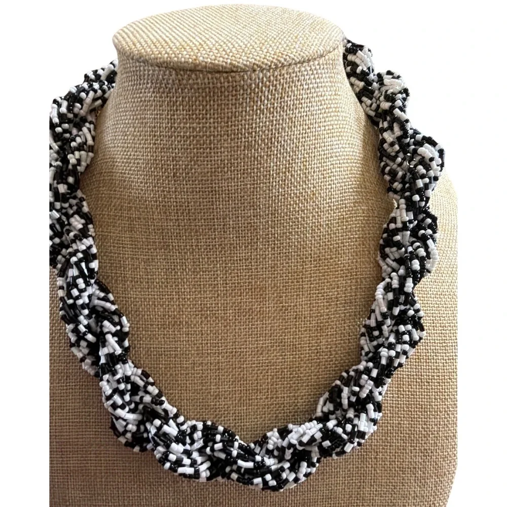 CG Black and White Braided Seed Bead‎ Multi Strand Twisted Rope Necklace Chunky